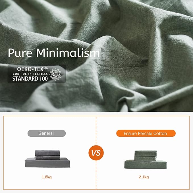 MILDLY 100% Washed Cotton White and Green Reversible Duvet Cover Set King Size Casual Design Soft Bedding Set 2 Pillow Cases + 1 Duvet Cover with Zipper & Corner Ties