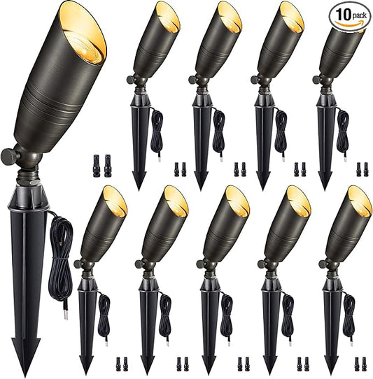 Low Voltage Spotlight LED - 12V Outdoor Light Fixture Weather Proof, Brass Landscape Lights Bullet, Hardwired Coastal Bronze for Flag Sign Without Bulbs (10 Pack)