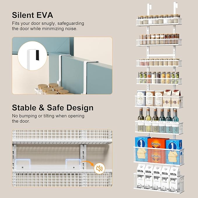 8-Tier Over The Door Pantry Organizer,Hanging Spice Rack,Over Door Adjustable Basket with Handle,Pantry Organization And Storage, Laundry Room,Bathroom,Large Capacity,D5.3xW15.7xH74.8 in