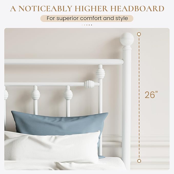 SHA CERLIN 14'' Queen Size Metal Platform Bed Frame/Victorian Headboard and Footboard/Steel Slats Mattress Foundation for Storage/No Box Spring Needed/Noise Free/White