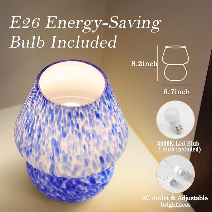 Mushroom Table Lamp, Ocean Blue Translucent Glass - Cute Mid-Century Modern Bedside Light, Nightstand Lamp for Bedroom & Living Room - Nordic Coastal Aesthetic Home Decor with Sleek Design