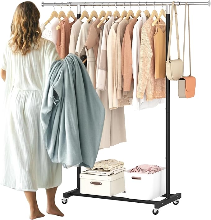 JIUYOTREE Rolling Clothes Rack with Shelf Expandable Clothing Garment Rack with Wheels Width Adjustable Clothing Organizer for Hanging Clothes Shirts Pants Skirts and Bags Black