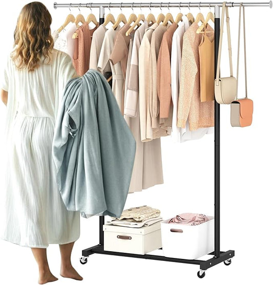 JIUYOTREE Rolling Clothes Rack with Shelf Expandable Clothing Garment Rack with Wheels Width Adjustable Clothing Organizer for Hanging Clothes Shirts Pants Skirts and Bags Black