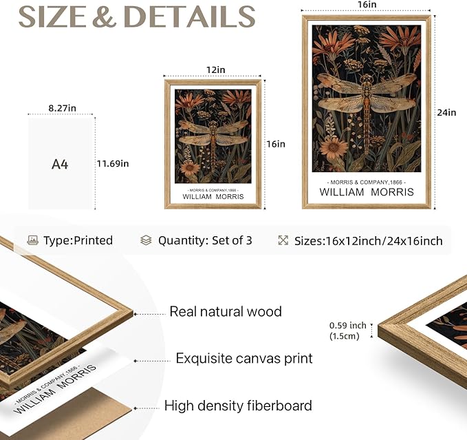 Cyebmo William Morris Wall Art, Vintage Floral Wall Decor, Dark Botanical Art Prints, Butterfly Bee Dragonfly Nature Artwork for Living Room Bedroom Bathroom Wood Framed Ready to Hang 12"x16"x3