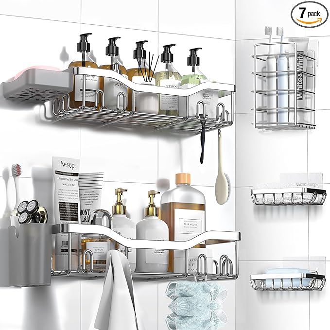 Shower Caddy Adhesive Shower Organizer 7-Pack, Rustproof Stainless Steel Bathroom Shelves, Large Capacity No-Drill Rack Storage Accessories with Soap Dish Toothbrush Holder Hooks (Silver)