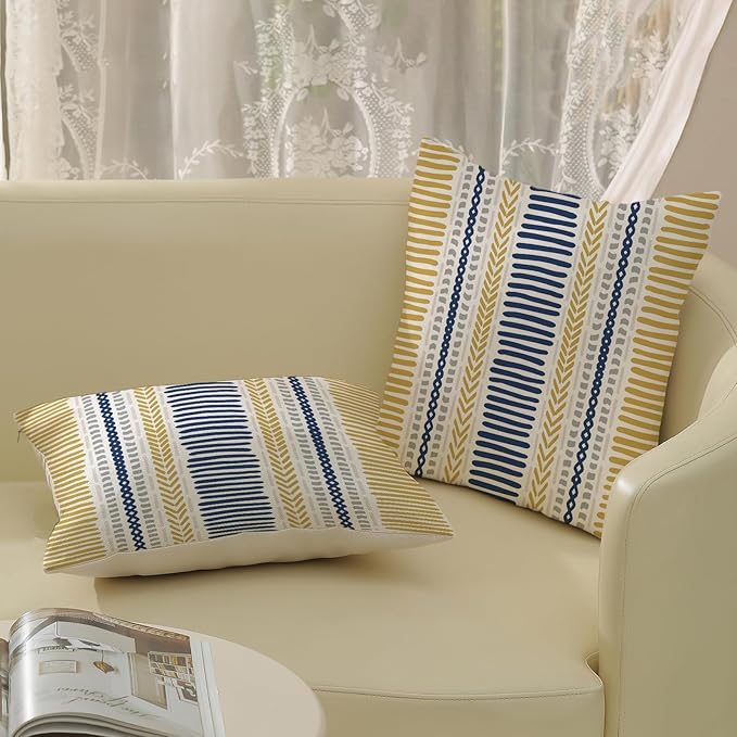 Boho Pillow Covers 18x18 Set of Yellow Blue Stripes Throw Pillow Covers Outdoor Decoration,Bohemian Abstract Modern Decor Pillowcase Farmhouse Linen Decorative Cushion Cover for Sofa Couch