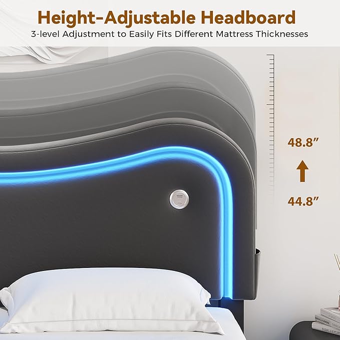 Queen Size Floating Bed Frame with LED Lights, Velvet Upholstered Headboard Bed Frame, Rounded Corners, Charging Station, No Box Spring Needed, Easy Assembly, Black