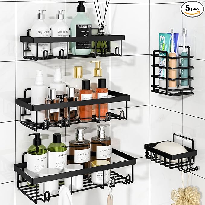 5 Pack Shower Caddy Organizer Rack Shelf for Inside Shower, Adhesive Bathroom Wall Storage Basket Rustproof Stainless Steel Shampoo Holder, Bathroom Accessory Decor Set, Black