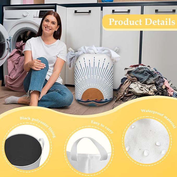 Boho Laundry Basket, Mid Century Modern Boho Terracotta Sun Sea Wave Waterproof Collapsible Laundry Hamper Dirty Clothes Storage Toy Bin Organizer for Bathroom Bedroom Nursery Girls Kids Room