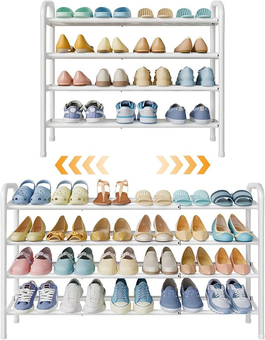 Shoe Rack for Closet,4 Tier Shoe Organizer, 28“ Metal Shelf Can Expandable to 42“, for Bedroom, Entryway, Living Room, Garage, Adjustable to 24 Pairs Shoes, White