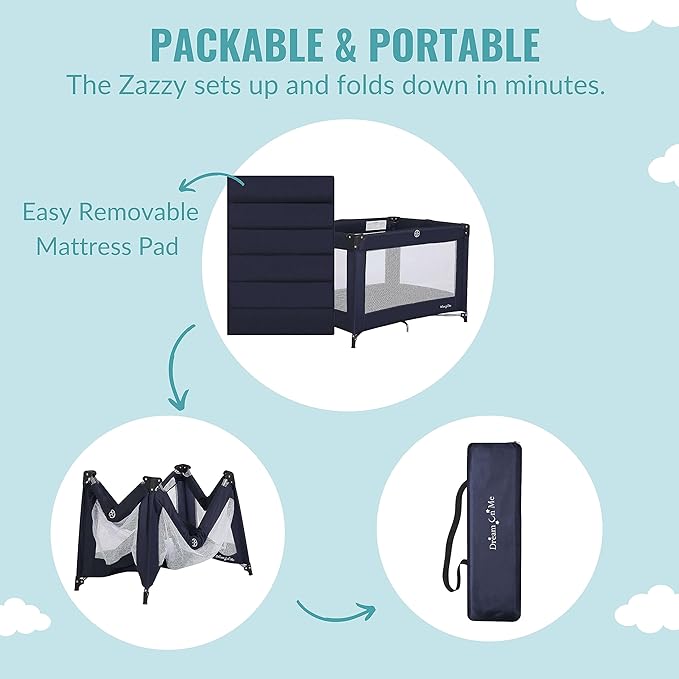 Dream On Me Zazzy Portable Playard with Bassinet in Navy, Packable and Easy Setup Baby Playard, Lightweight and Portable Playard for Baby with Mattress and Travel Bag