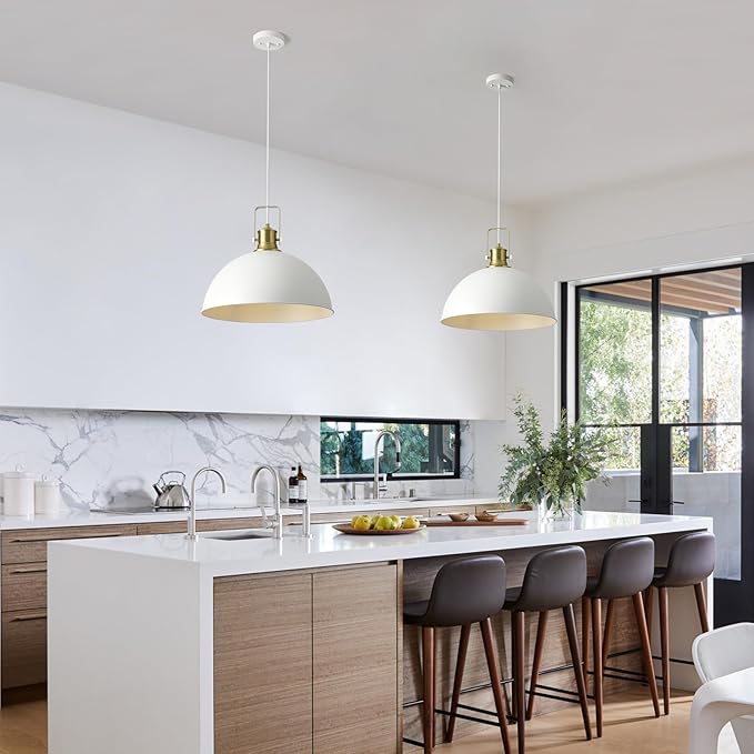 18 Inch White Farmhouse Pendant Lights for Kitchen Island Industrial Haning Lamp Adjustable Height Vintage Dome Hanging Light Fixtures for Barn, Dining Room