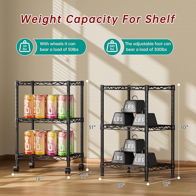 3 Tier Adjustable Storage Shelves Heavy Duty Metal Utility Shelf Wire Shelving Unit Organizer Rack for Home Kitchen Office Bathroom Pantry Room 12" D x 18" W x 30" H
