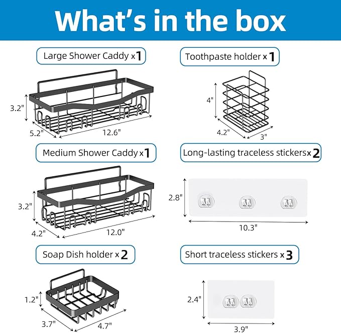 Adhesive Shower Caddy, No Drilling Bath Organizers 5 Pack, Rustproof Shelves with Soap Holder & Toothbrush Holder, Bathroom Organizers and Storage, Black