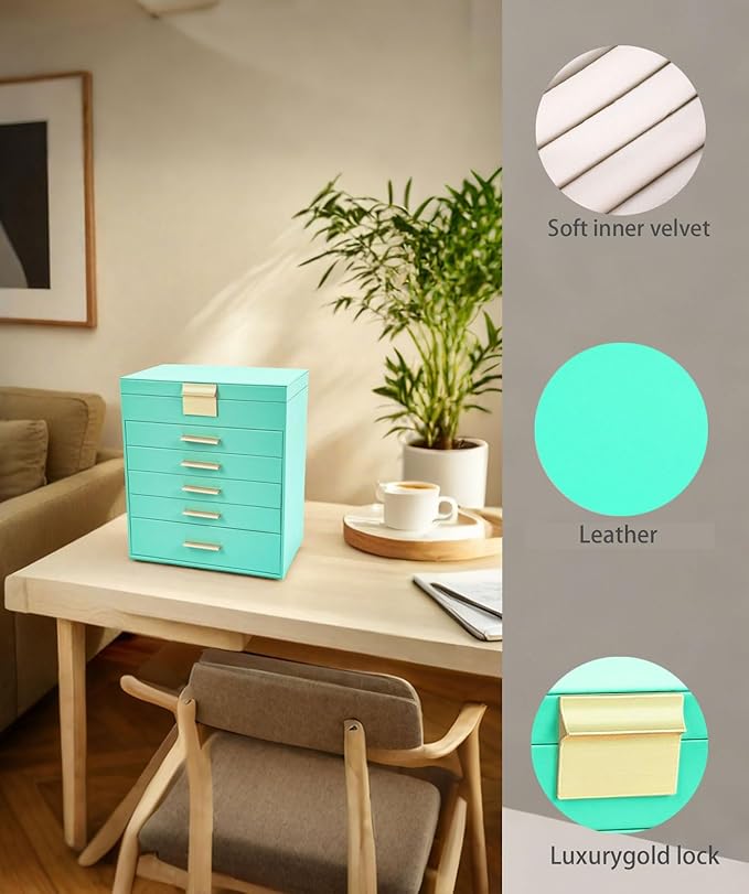 BOOVO Jewelry Box with Necklace Hanger – 6 layer Jewelry Organizer for Women with 5 Drawers, Large Jewelry Storage Boxes –Jewelry Organizers and Storage for Earrings, Necklaces (Turquoise, 6 layer)