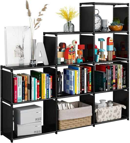 JIUYOTREE Portable Bookcase, 9 Cube Closet Storage Organizer Bookshelf,Clothes Storage for Living Room,Study Room,Bedroom, Black