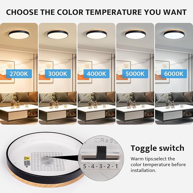 Modern Dimmable LED Close to Ceiling Light Minimalist Wood Oak Flush Mount Ceiling Light Fixture Circle Lighting for Bedroom Living Room Bathroom Laundry Room (Black, 15.7'')
