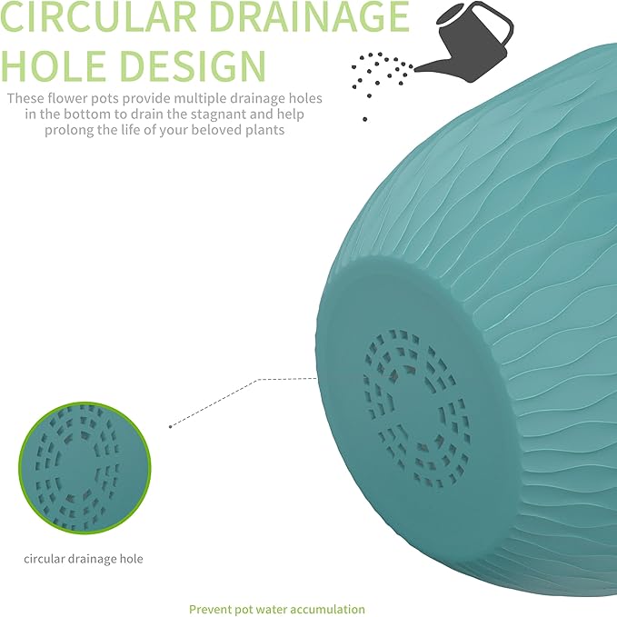 12/10/9 Inch Plant Pots, 3 Pack Large Flower Pots for Indoor and Outdoor Plants with Water Ripples, Large Plastic Flower Pots with Drainage Holes and Tray for Garden Indoor Plants