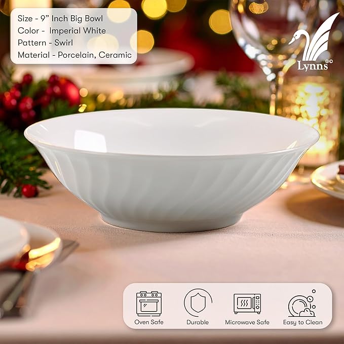 Lynns Paradise Imperial White 9-Inch Big Bowl, Set of 3, White; 24K Gold Trim, Embossed Swirl, Colorful Floral Print, Porcelain