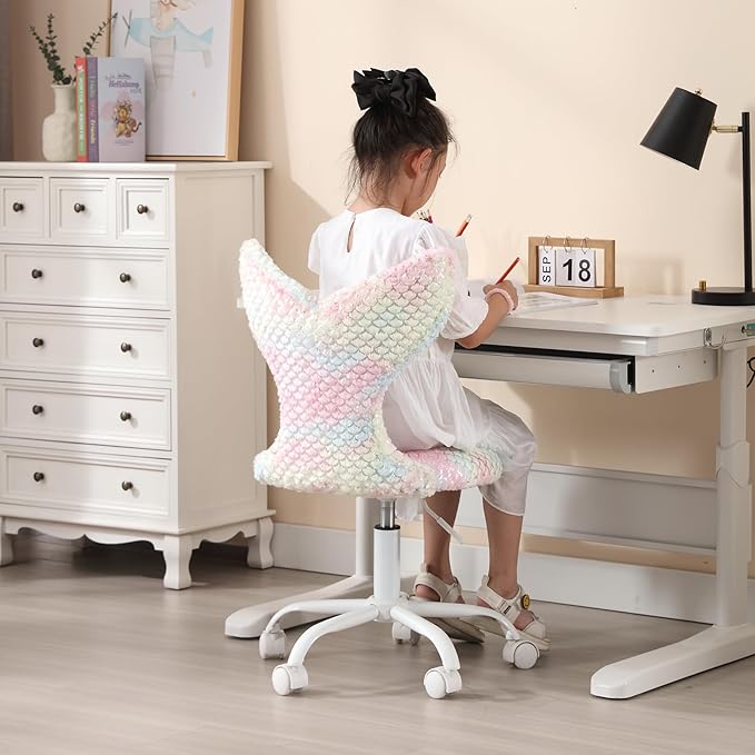 Fuzzy Desk Chair, Cute Swivel Children Desk Chair with Wheels for Kids Bedroom Upholstered Rolling Study Chair Adjustable Computer Chair Mermaid Back Vanity Chair for Teen Girls Boys, Light Colorful