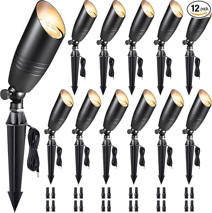 Die-Cast Brass Spot Light Outdoor - 12V LED Uplighting Waterproof, Low Voltage Landscape Lights Bright, Metal Direct Wire Black for Fence Fountain Without MR16 Bulbs (12 Pack)