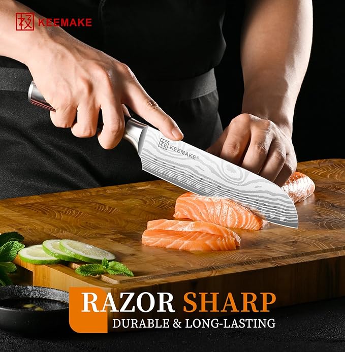 KEEMAKE 7 Inch Japanese Santoku Knife, Ultra-Sharp 1.4116 High Carbon Steel Blade with Pakkawood Handle, Professional Chef's Knife for Kitchen w/Sheath and Gift Box