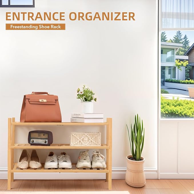 3 Tier Bamboo Shoe Rack Storage Organizer for Closet, Multifunctional Stackable Free Standing Shoe Shelf Organizer for Small Space,Entryway,Hallway,Bathroom 27"x11"x20" (Natural, 3 Tier)