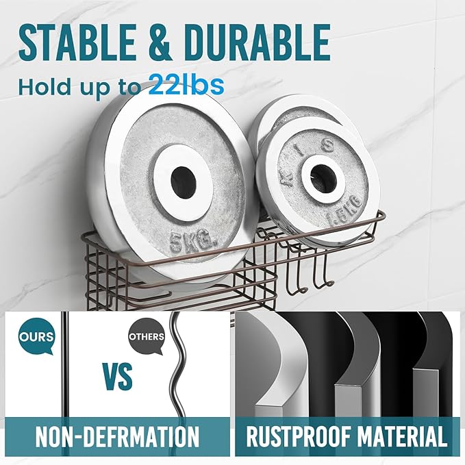 TAILI Shower Caddy Suction Cup with Hooks & Soap holder, Heavy Duty Bathroom Shower Organizer, No Drilling Shelves for Inside bathroom, Metal Black Storage Basket-Brown