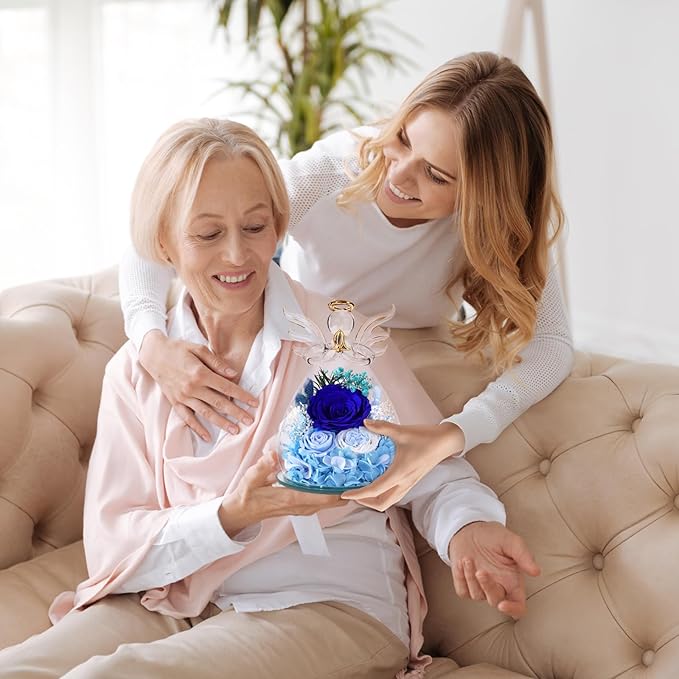 Flowers for Delivery, Christmas Decor Birthday Gifts for Mom Grandma Women, Preserved Rose Forever Flower in Glass Angel Figurines Real Fresh Bouquet for Wife Sister Her from Daughter