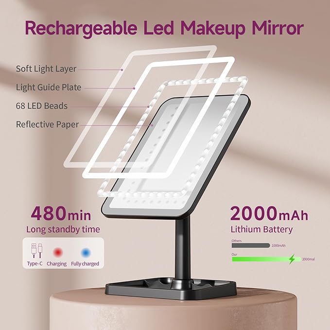 FUNTOUCH Vanity Mirror with Lights, Rechargeable 10X Magnification 3 Color Lighting Portable Tabletop Cosmetic Make Up Mirror, 360° Rotation Led Light up Mirrors with Storage,White