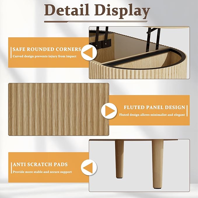 EAG Fluted Lift Top Coffee Table with Hidden Compartment, Modern Oval Coffee Table with Storage, Fully Wood Center Table for Living Room, Office, Natural