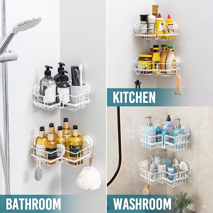 TAILI Corner-adaptive Suction Cup Shower Caddy 2 Pack, Stainless Steel Rustproof Corner Shower Shelves, Drill-Free Wall Mounted Baskets, Large Capacity Removable Suction Cup Bathroom Organizer, White