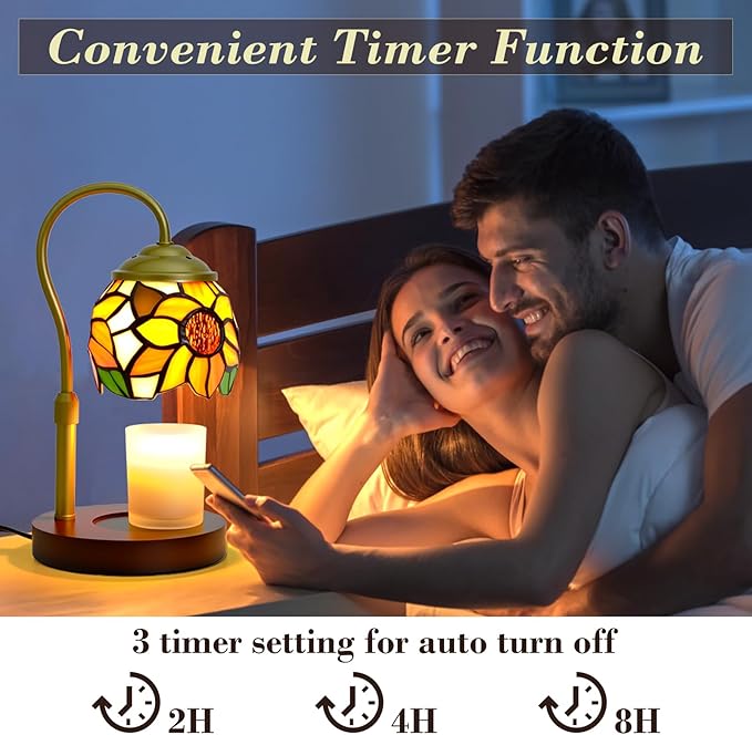Candle Warmer Lamp with Timer Dimmer, Adjustable Height Candle Warmer for Jar Candles, Birthday Gifts for Women New Home Bedroom Decor Tiffany Sunflower Style Stained Glass with 2 Bulbs
