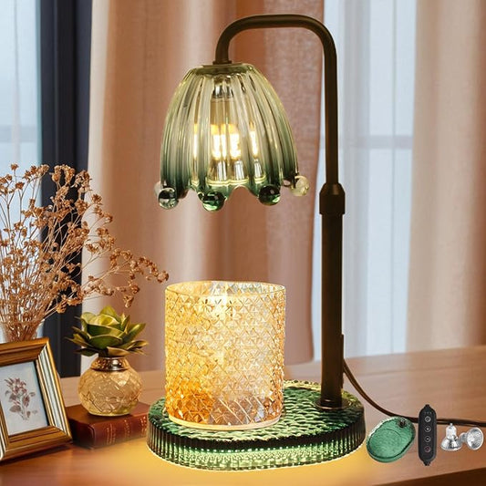 Candle Warmer Lamp with Timer: Adjustable Height and 4 Dimmer, Crystal Glass Base, Heater Wax Warmer for Jar Scented, Home Décor and Housewarming & Birthday Gift for Mom Woman, 2 Bulbs (Crown Green)