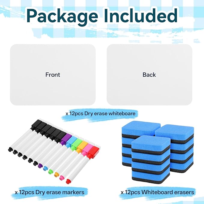 Small White Board 12 Pack Dry Erase Boards 9''x 12'' LapBoards with 12 Erasers & Markers Mini White Board Double Sided Portable Whiteboards for Students Teachers Office School Supplies Lapboards