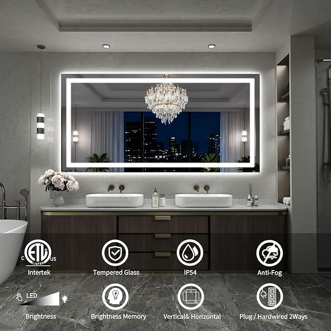 LED Mirror for Bathroom, 66x36 Inch Backlit + Front Lighted Bathroom Vanity Mirror with Lights for Wall, Double Light Strips, 3 Colors, Shatter-Proof, Anti-Fog and Brightness Memory
