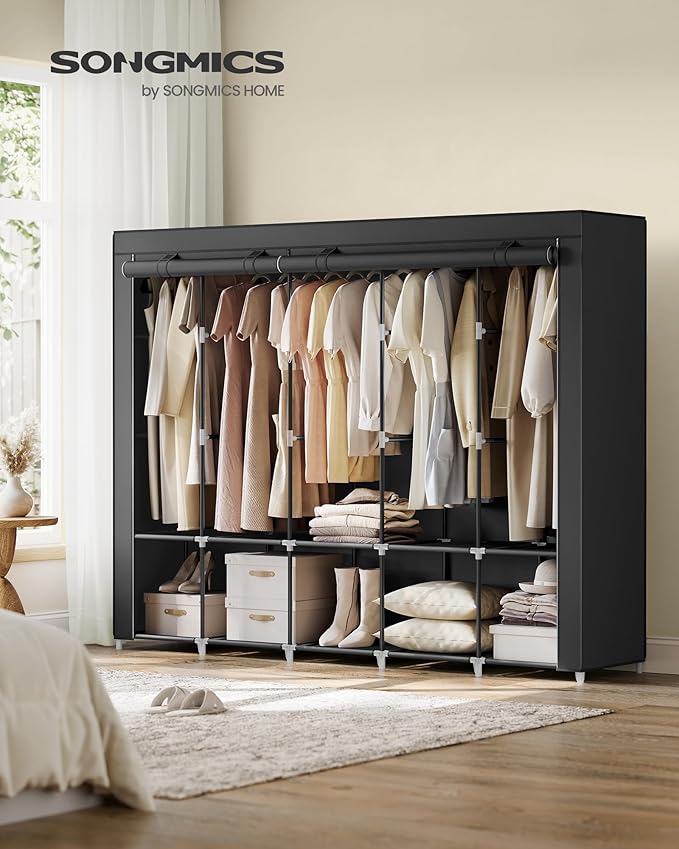 SONGMICS Portable Closet, Wardrobe Closet Organizer with Cover, 5 Hanging Rods and Shelves, 4 Side Pockets, 17.7 x 83 x 65.7 Inches, Large Capacity for Bedroom, Living Room, Ink Black URYG095B01