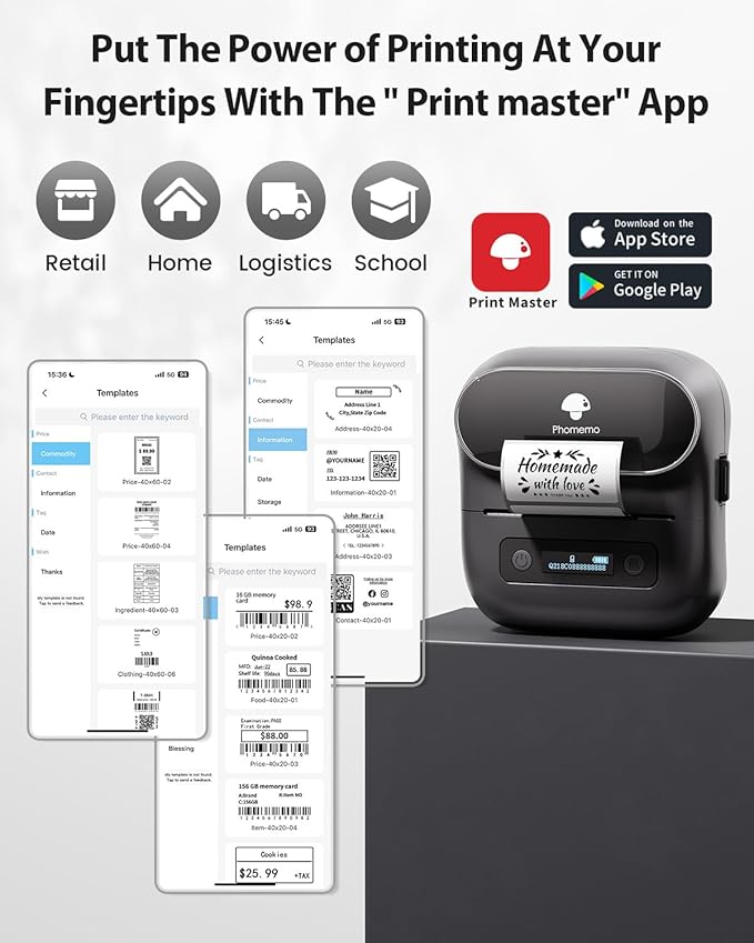 Phomemo Label Maker,M220 Label Printer,3 Inch Bluetooth Thermal Label Maker Machine with 6000+ Icons,700+ Templates,400+ Fonts,for Kids School Items,Small Business,Large Sticker