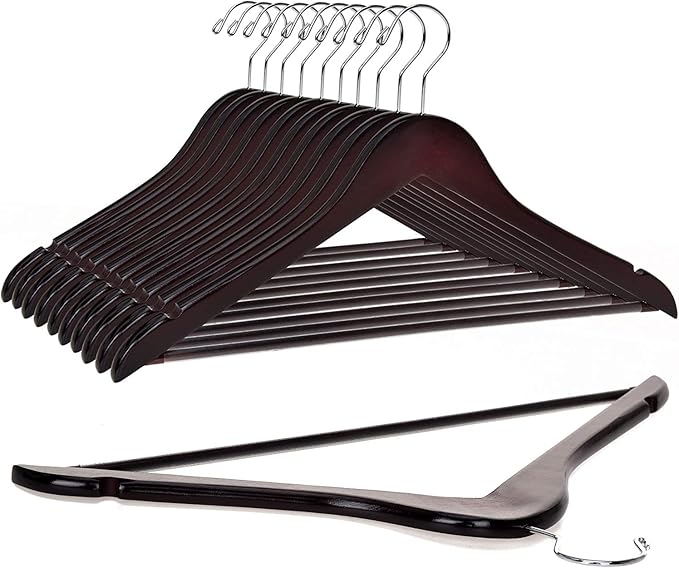 Quality Wooden Hangers - Slightly Curved Hanger Set in 10-Pack - Solid Wood Coat Hangers with Stylish Chrome Hooks - Heavy-Duty Clothes, Jacket, Shirt, Pants, Suit Hangers (Mahogany, 10)
