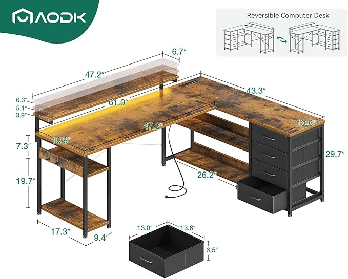 AODK 61" L Shaped Desk with Drawer, Computer Desk with Power Outlets & LED Lights, Reversible Corner Gaming Desks for Home Office Workstation, Office Table with Monitor Shelf, Vintage