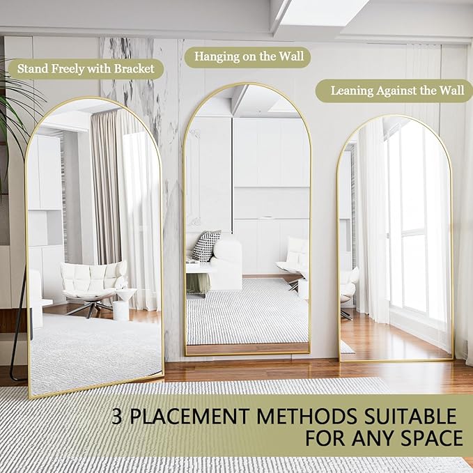 BEAUTYPEAK 71"x30" Arch Full Body Floor Mirror, Full Length Mirror Wall Mirrors Hanging or Leaning Arched-Top with Stand for Bedroom, Dressing Room, Gold