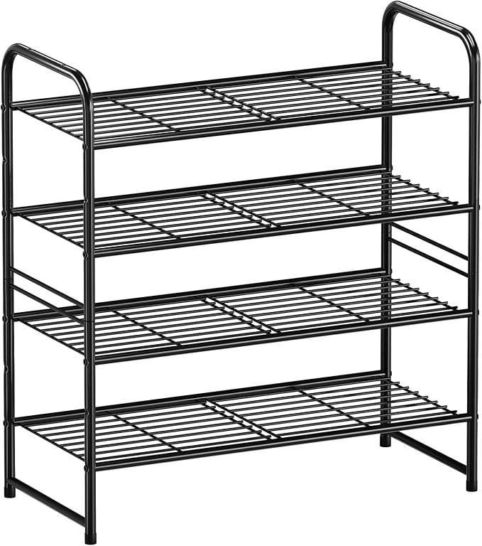 4-Tier 27” Wide Shoe Rack for Closet, Metal Stackable Shoe Shelf Organizer, Holds 14 Pairs, Black
