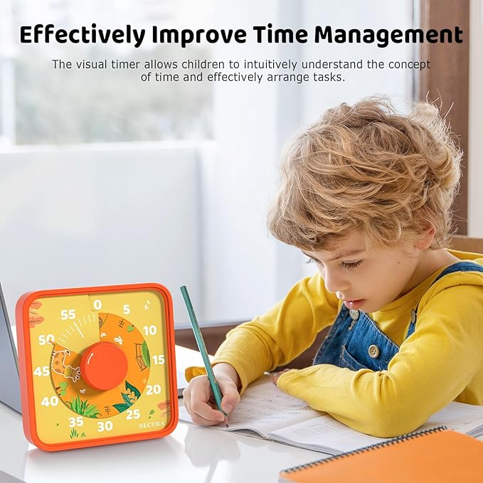 Secura 7.5-Inch Animal Pattern Visual Timer for Kids, 60-Minute Countdown Timer for Classroom or Kitchen, Durable Mechanical Timer Clock with Magnetic Backing (Orange)