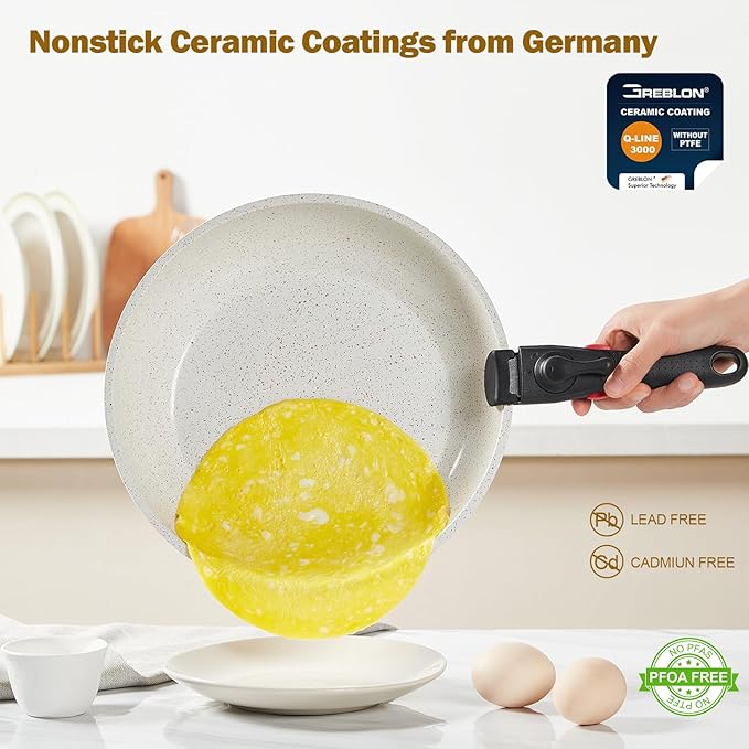 17pcs Pots and Pans Set Non Stick from France, Ceramic Cookware Set with Removable Handle, Induction RV Kitchen Cookware Set, Stackable, PFOA and PFAS Free, Oven Safe