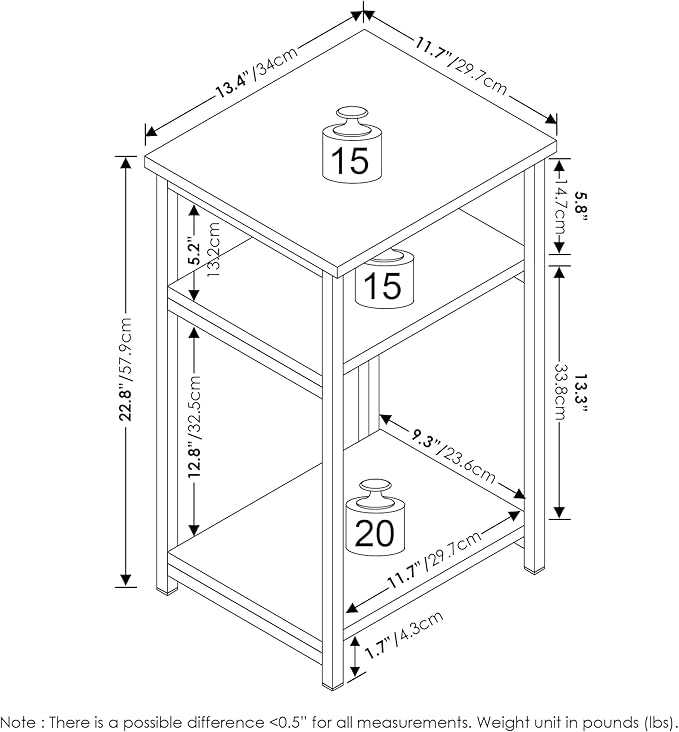 Furinno Just 3-Tier Metal Frame End Table with Storage Shelves, 1-Pack, Amber Pine
