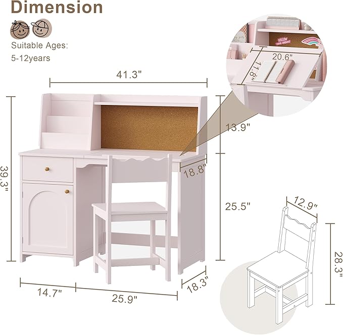 Treocho Kids Study Desk and Chair Set, Kids Desks with Hutch and Tiltable Desktop for 5-12 Years Old, Wooden Children Study Table with Fabric Drawer, Student Writing Desk Bedroom, Home School, Pink