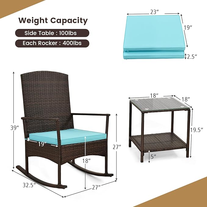 Tangkula 3 Pieces Rocking Wicker Bistro Set, Outdoor Front Porch Rocker Chairs Conversation Set with 2-Tier Tempered Glass Coffee Table and Thick Cushions for Garden, Balcony, Poolside (Turquoise)