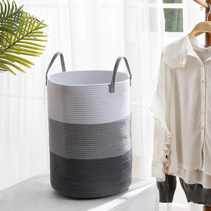 Woven Rope Laundry Hamper Basket, 58L Tall Luandry Basket, Baby Nursery Hamper for Blanket Storage, Clothes Hampers for Laundry in Bedroom-Large-Dark Grey