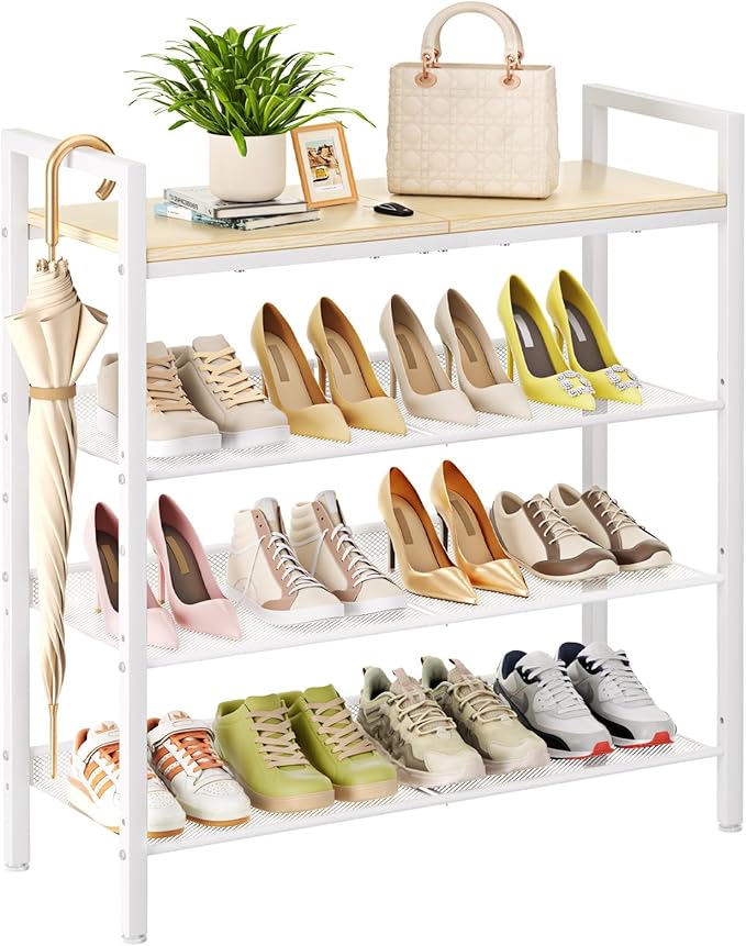 Shoe Rack for Front Door Entrance, 4 Tier Shoe Rack for Entryway, 12-16 Pairs of Shoes, Metal Shoe Racks Organizer, Free Standing Shoe Racks for Closet, Garage, Outdoor (White+Beige)