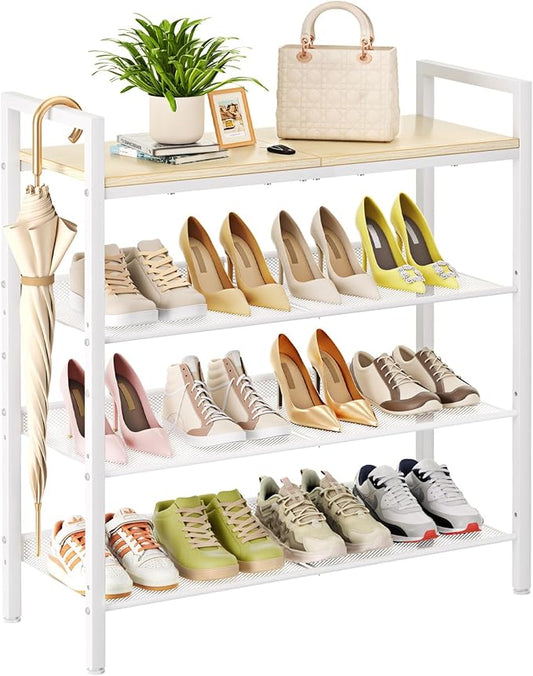 Shoe Rack for Front Door Entrance, 4 Tier Shoe Rack for Entryway, 12-16 Pairs of Shoes, Metal Shoe Racks Organizer, Free Standing Shoe Racks for Closet, Garage, Outdoor (White+Beige)
